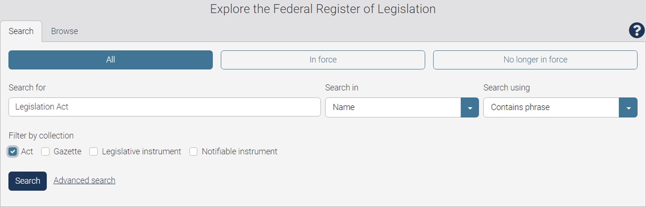 Screenshot of the search options.